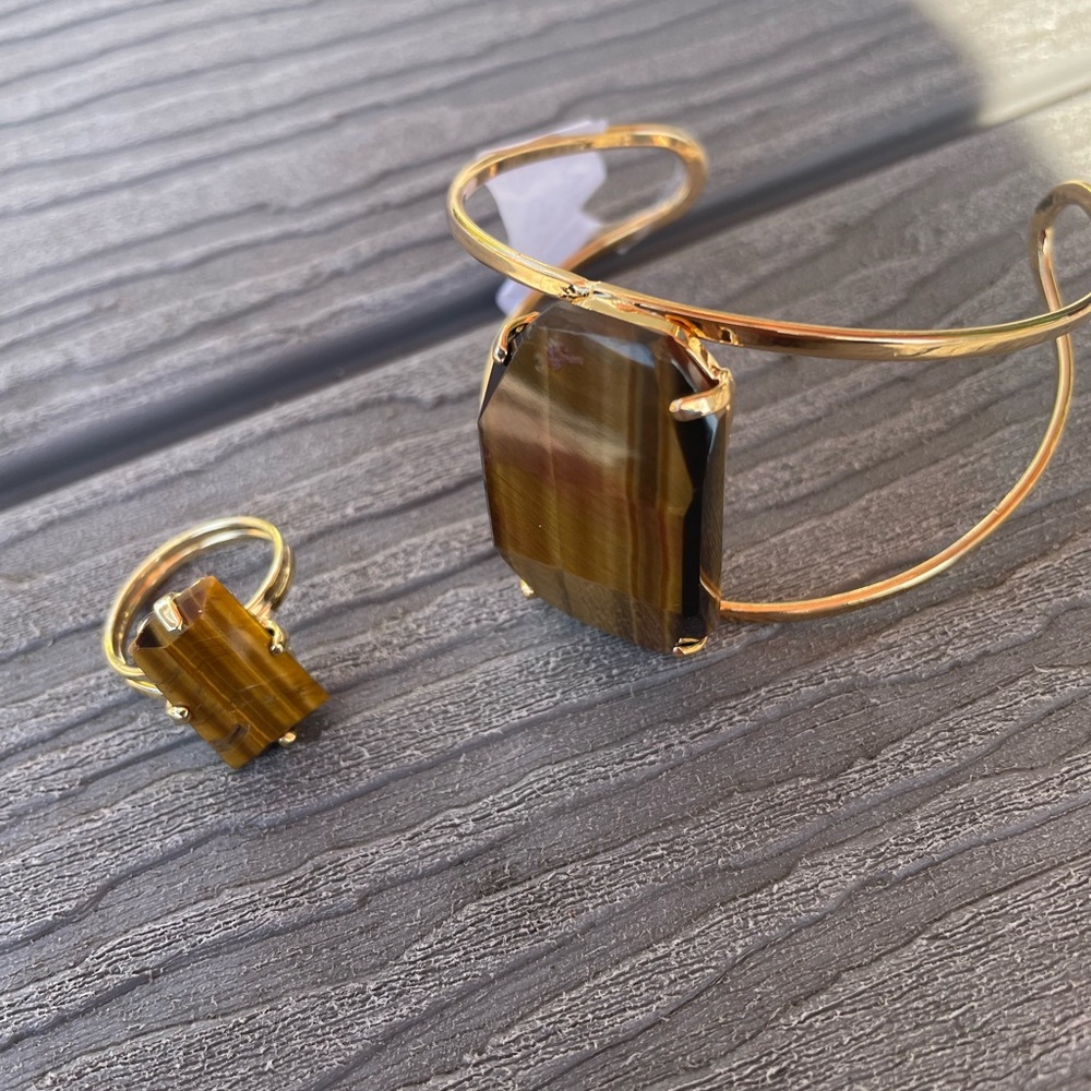 Tiger’s Eye Statement Set – Gold Adjustable Cuff … - image 1
